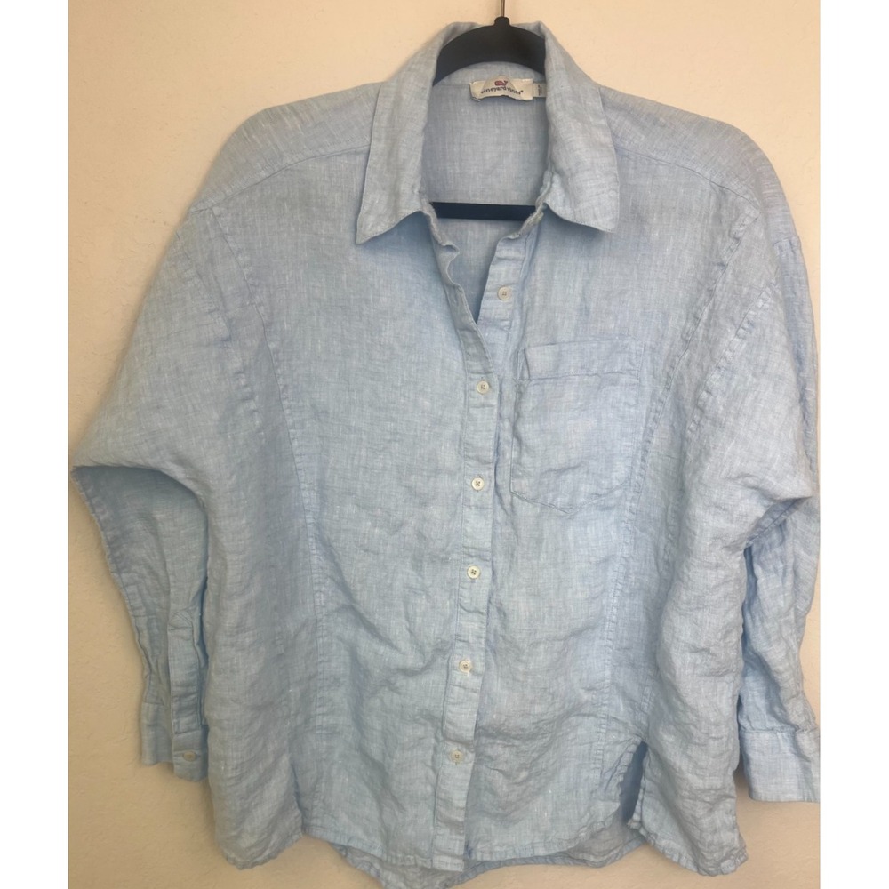 Vineyard Vines Linen Button Up Shirt Light Blue‎ Relaxed Fit Women's 4